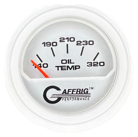 GAFFRIG 2 INCH ELECTRIC OIL TEMP GAUGE 100-320 F STEP RIM (002) / WHITE / PLATINUM