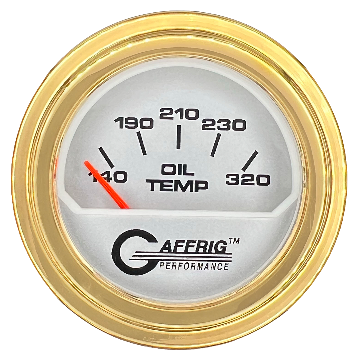 GAFFRIG 2 INCH ELECTRIC OIL TEMP GAUGE 100-320 F STEP RIM (002) / GOLD / PLATINUM