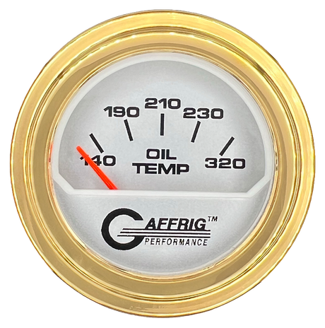 GAFFRIG 2 INCH ELECTRIC OIL TEMP GAUGE 100-320 F STEP RIM (002) / GOLD / PLATINUM