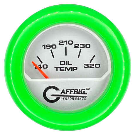 GAFFRIG 2 INCH ELECTRIC OIL TEMP GAUGE 100-320 F FAT RIM (218) / LIME GREEN / PLATINUM