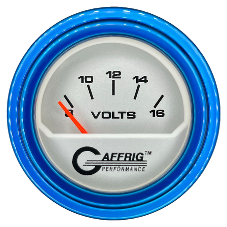 GAFFRIG 2 INCH ELECTRIC VOLTMETER 8-16 VOLT GAUGE STEP RIM (002) / BLUE / PLATINUM