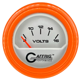 GAFFRIG 2 INCH ELECTRIC VOLTMETER 8-16 VOLT GAUGE STEP RIM (002) / ORANGE / PLATINUM