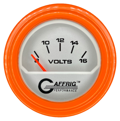 GAFFRIG 2 INCH ELECTRIC VOLTMETER 8-16 VOLT GAUGE STEP RIM (002) / ORANGE / PLATINUM