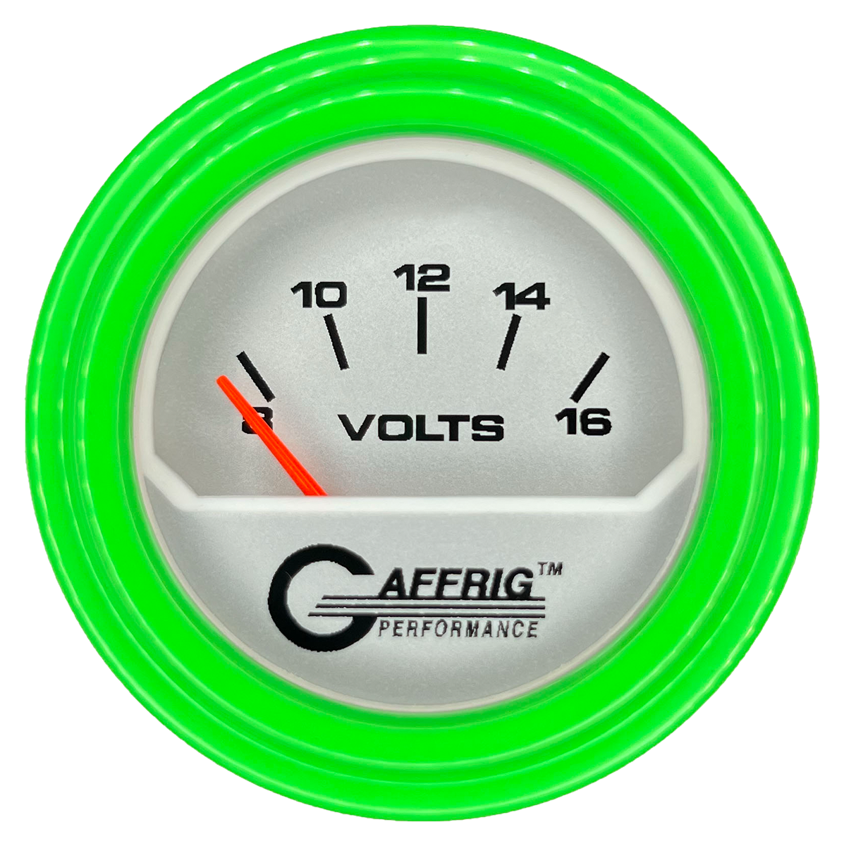 GAFFRIG 2 INCH ELECTRIC VOLTMETER 8-16 VOLT GAUGE STEP RIM (002) / LIME GREEN / PLATINUM