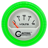 GAFFRIG 2 INCH ELECTRIC VOLTMETER 8-16 VOLT GAUGE STEP RIM (002) / LIME GREEN / PLATINUM