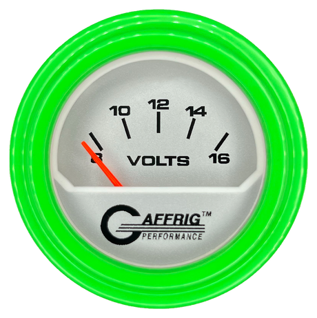 GAFFRIG 2 INCH ELECTRIC VOLTMETER 8-16 VOLT GAUGE STEP RIM (002) / LIME GREEN / PLATINUM