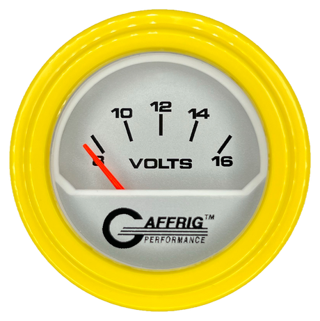 GAFFRIG 2 INCH ELECTRIC VOLTMETER 8-16 VOLT GAUGE STEP RIM (002) / YELLOW / PLATINUM