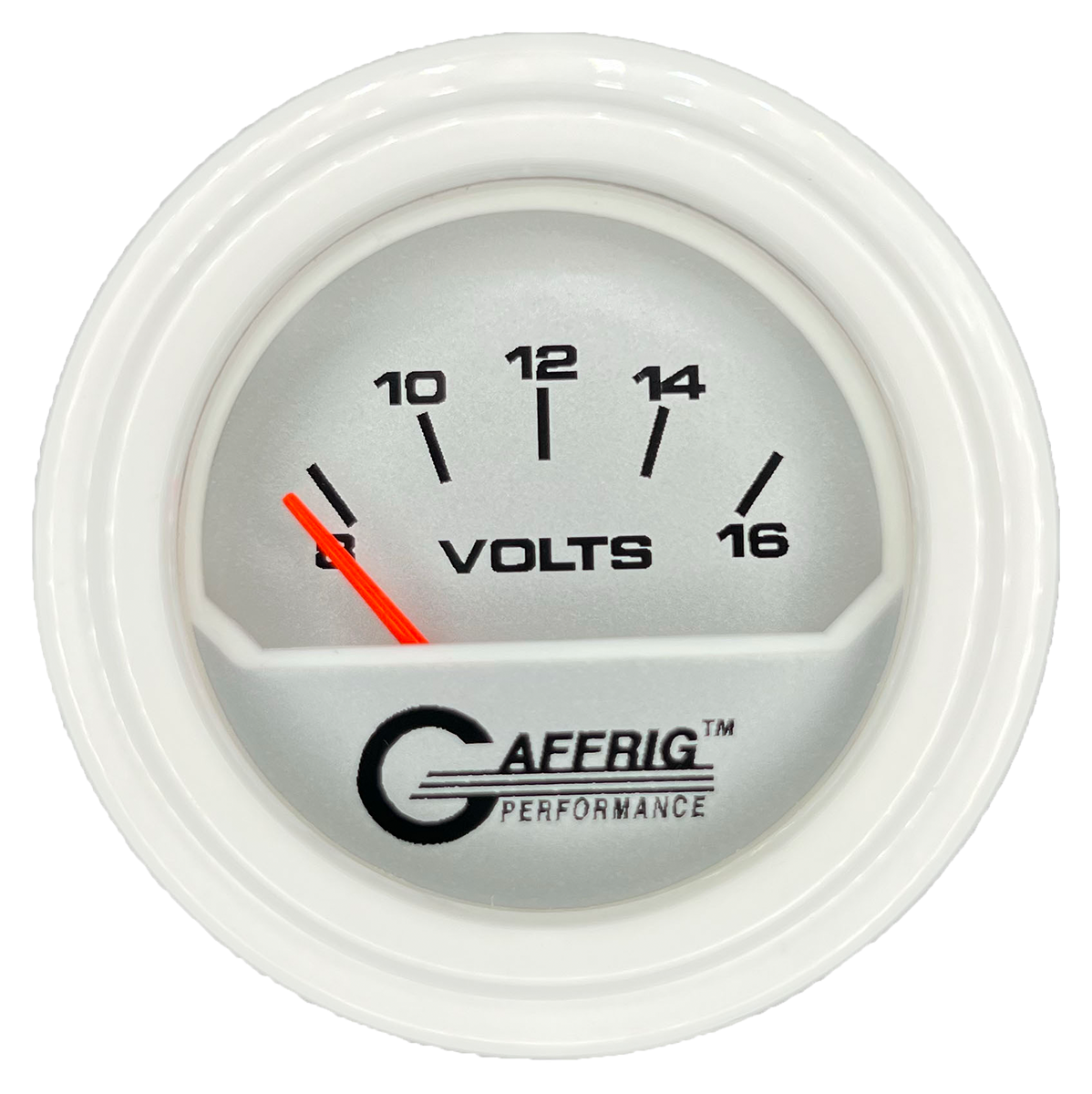 GAFFRIG 2 INCH ELECTRIC VOLTMETER 8-16 VOLT GAUGE STEP RIM (002) / WHITE / PLATINUM