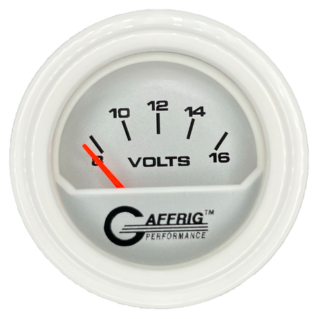 GAFFRIG 2 INCH ELECTRIC VOLTMETER 8-16 VOLT GAUGE STEP RIM (002) / WHITE / PLATINUM