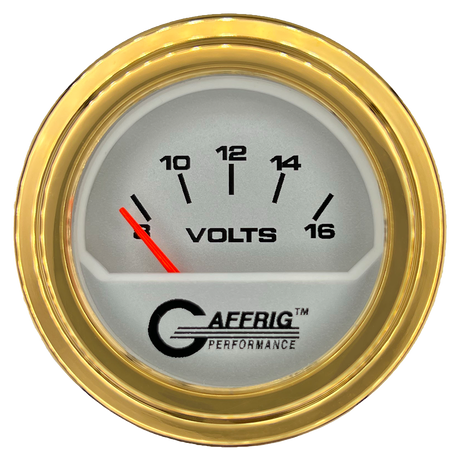 GAFFRIG 2 INCH ELECTRIC VOLTMETER 8-16 VOLT GAUGE STEP RIM (002) / GOLD / PLATINUM