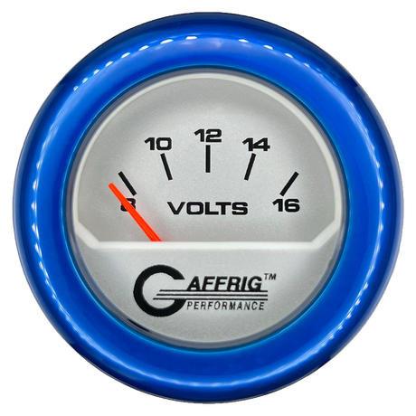 GAFFRIG 2 INCH ELECTRIC VOLTMETER 8-16 VOLT GAUGE FAT RIM (218) / BLUE / PLATINUM