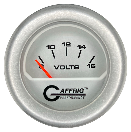 GAFFRIG 2 INCH ELECTRIC VOLTMETER 8-16 VOLT GAUGE FAT RIM (218) / PLATINUM / PLATINUM