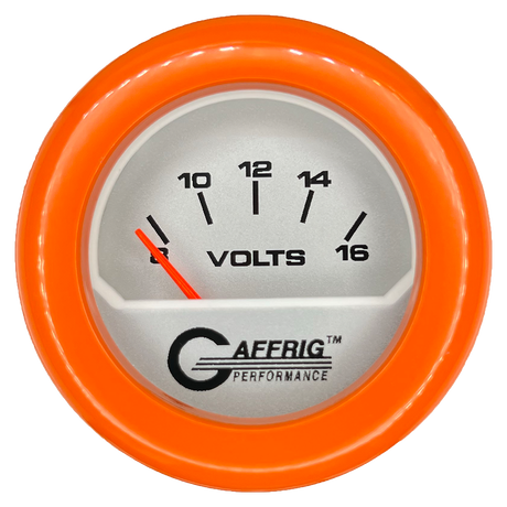 GAFFRIG 2 INCH ELECTRIC VOLTMETER 8-16 VOLT GAUGE FAT RIM (218) / ORANGE / PLATINUM