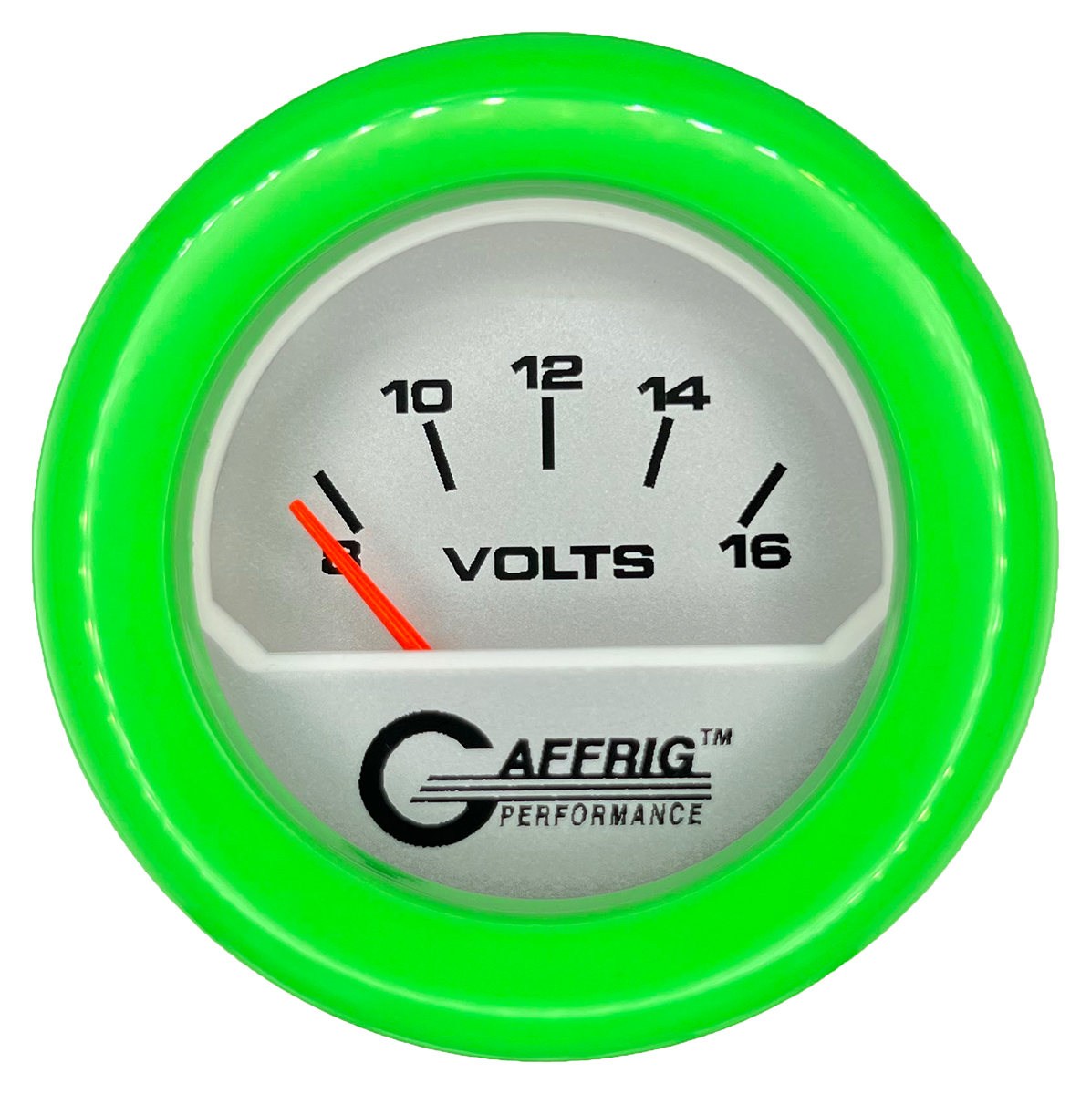 GAFFRIG 2 INCH ELECTRIC VOLTMETER 8-16 VOLT GAUGE FAT RIM (218) / LIME GREEN / PLATINUM