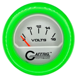 GAFFRIG 2 INCH ELECTRIC VOLTMETER 8-16 VOLT GAUGE FAT RIM (218) / LIME GREEN / PLATINUM