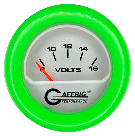 GAFFRIG 2 INCH ELECTRIC VOLTMETER 8-16 VOLT GAUGE FAT RIM (218) / LIME GREEN / PLATINUM