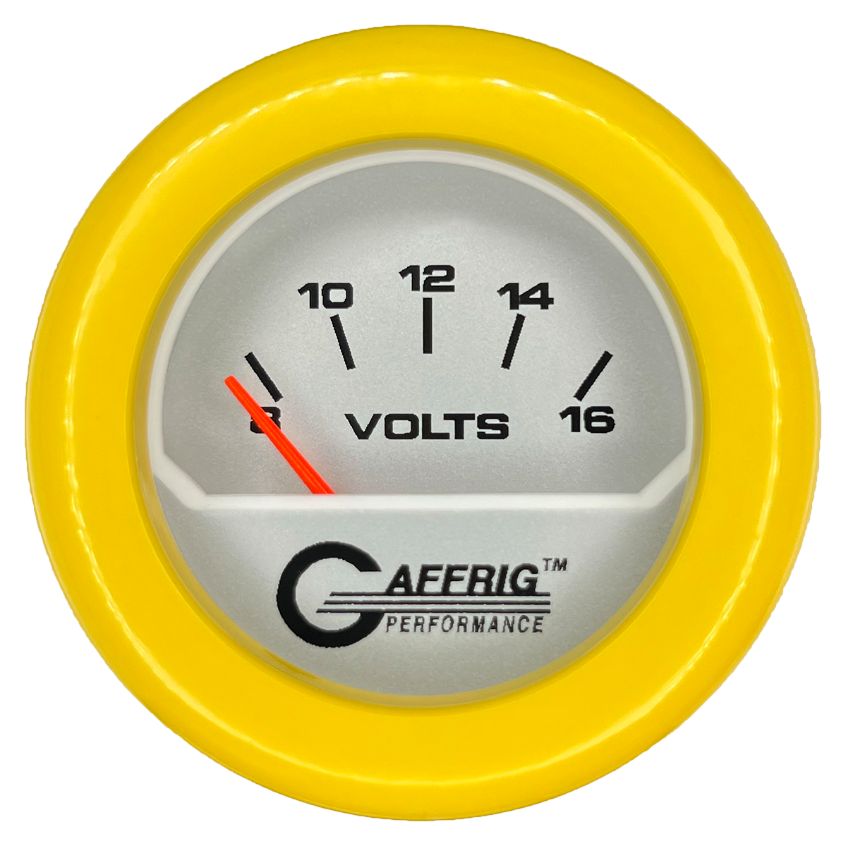 GAFFRIG 2 INCH ELECTRIC VOLTMETER 8-16 VOLT GAUGE FAT RIM (218) / YELLOW / PLATINUM