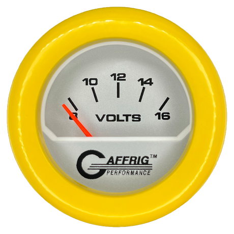 GAFFRIG 2 INCH ELECTRIC VOLTMETER 8-16 VOLT GAUGE FAT RIM (218) / YELLOW / PLATINUM