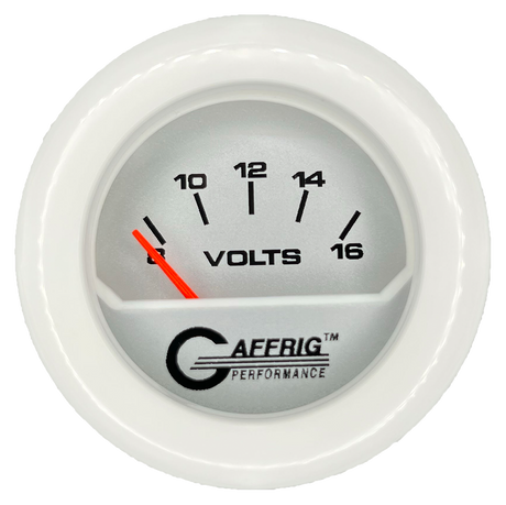 GAFFRIG 2 INCH ELECTRIC VOLTMETER 8-16 VOLT GAUGE FAT RIM (218) / WHITE / PLATINUM