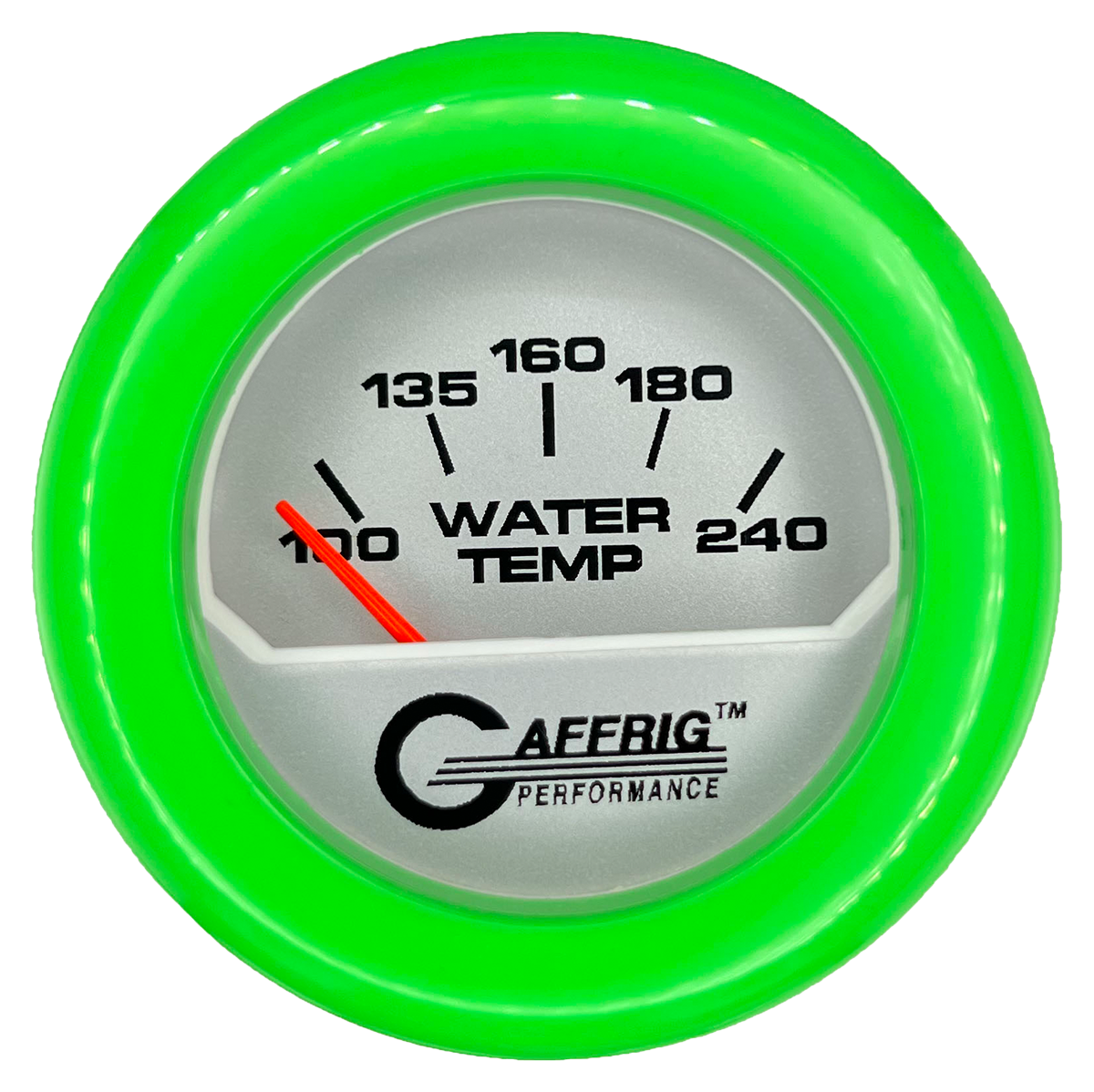 GAFFRIG 2 INCH ELECTRIC WATER TEMP 100-240 F GAUGE FAT RIM (218) / LIME GREEN / PLATINUM