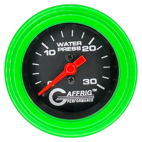 GAFFRIG 2 INCH MECHANICAL WATER PRESSURE 0-30 PSI GAUGE STEP RIM (002) / LIME GREEN / BLACK