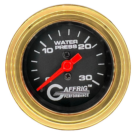 GAFFRIG 2 INCH MECHANICAL WATER PRESSURE 0-30 PSI GAUGE STEP RIM (002) / GOLD / BLACK