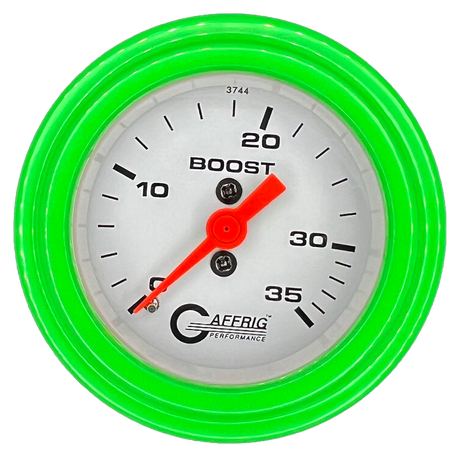 GAFFRIG 2 INCH MECHANICAL BOOST 0-35 PSI GAUGE STEP RIM (002) / LIME GREEN / WHITE