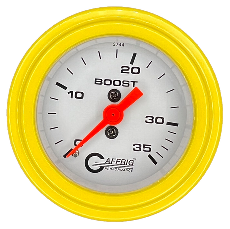 GAFFRIG 2 INCH MECHANICAL BOOST 0-35 PSI GAUGE STEP RIM (002) / YELLOW / WHITE