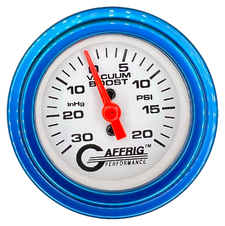 GAFFRIG 2 INCH MECHANICAL VACUUM 0-30HG/BOOST 0-30PSI GAUGE STEP RIM (002) / BLUE / WHITE