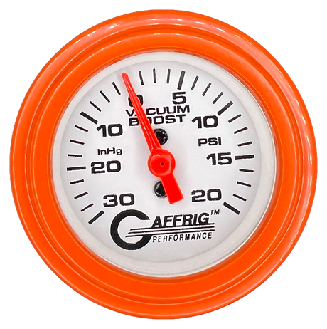 GAFFRIG 2 INCH MECHANICAL VACUUM 0-30HG/BOOST 0-30PSI GAUGE STEP RIM (002) / ORANGE / WHITE