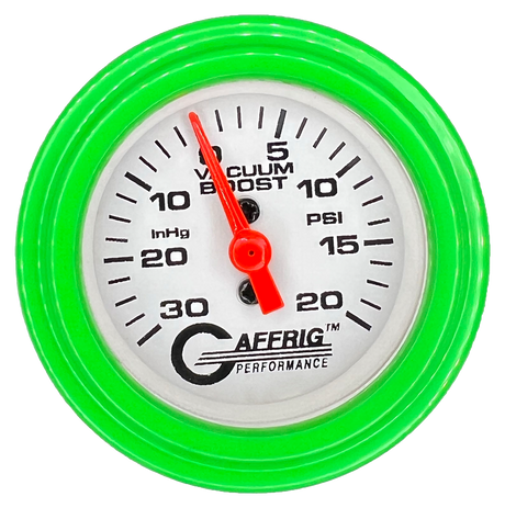 GAFFRIG 2 INCH MECHANICAL VACUUM 0-30HG/BOOST 0-30PSI GAUGE STEP RIM (002) / LIME GREEN / WHITE