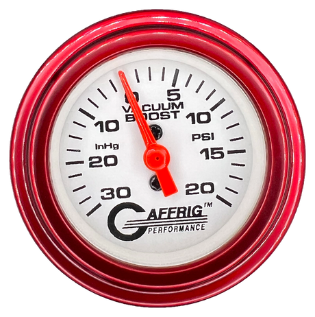 GAFFRIG 2 INCH MECHANICAL VACUUM 0-30HG/BOOST 0-30PSI GAUGE STEP RIM (002) / RED / WHITE