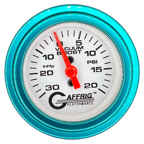 GAFFRIG 2 INCH MECHANICAL VACUUM 0-30HG/BOOST 0-30PSI GAUGE STEP RIM (002) / TEAL / WHITE