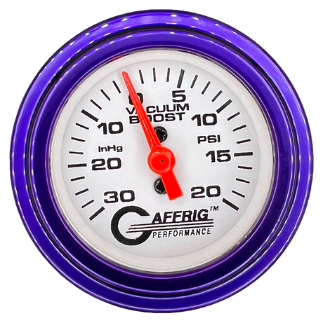 GAFFRIG 2 INCH MECHANICAL VACUUM 0-30HG/BOOST 0-30PSI GAUGE STEP RIM (002) / PURPLE / WHITE