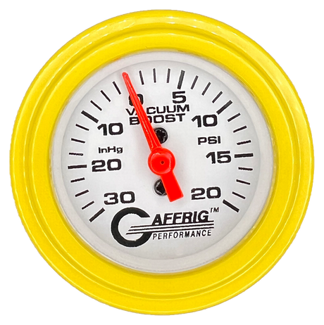 GAFFRIG 2 INCH MECHANICAL VACUUM 0-30HG/BOOST 0-30PSI GAUGE STEP RIM (002) / YELLOW / WHITE