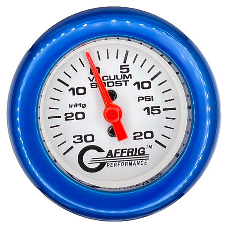 GAFFRIG 2 INCH MECHANICAL VACUUM 0-30HG/BOOST 0-30PSI GAUGE FAT RIM (218) / BLUE / WHITE