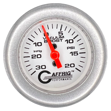 GAFFRIG 2 INCH MECHANICAL VACUUM 0-30HG/BOOST 0-30PSI GAUGE FAT RIM (218) / PLATINUM / WHITE