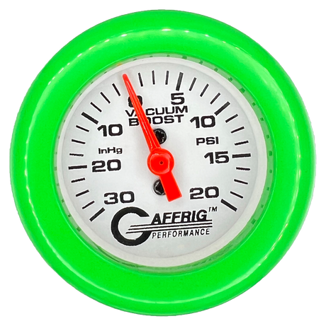 GAFFRIG 2 INCH MECHANICAL VACUUM 0-30HG/BOOST 0-30PSI GAUGE FAT RIM (218) / LIME GREEN / WHITE