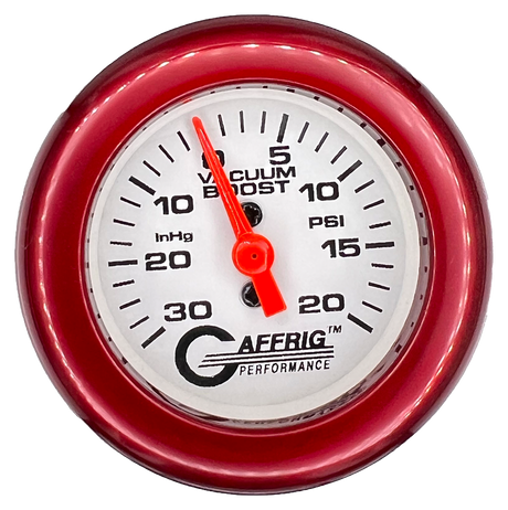 GAFFRIG 2 INCH MECHANICAL VACUUM 0-30HG/BOOST 0-30PSI GAUGE FAT RIM (218) / RED / WHITE