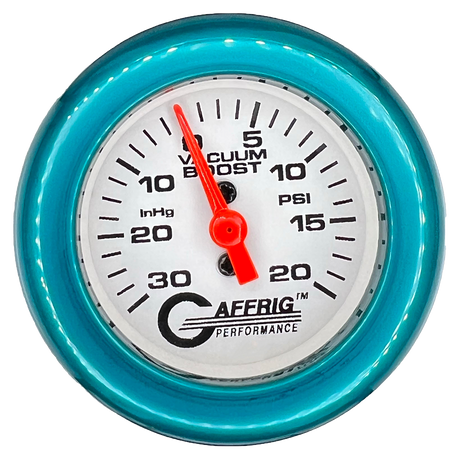 GAFFRIG 2 INCH MECHANICAL VACUUM 0-30HG/BOOST 0-30PSI GAUGE FAT RIM (218) / TEAL / WHITE