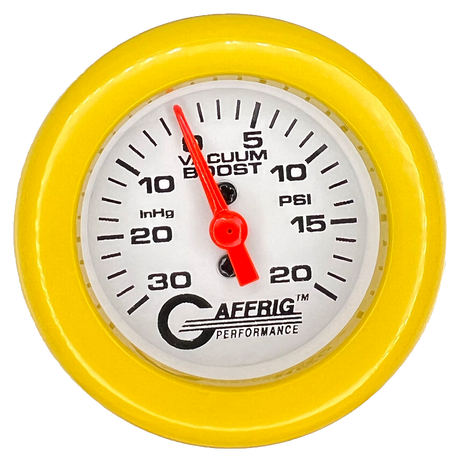 GAFFRIG 2 INCH MECHANICAL VACUUM 0-30HG/BOOST 0-30PSI GAUGE FAT RIM (218) / YELLOW / WHITE