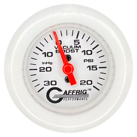 GAFFRIG 2 INCH MECHANICAL VACUUM 0-30HG/BOOST 0-30PSI GAUGE FAT RIM (218) / WHITE / WHITE