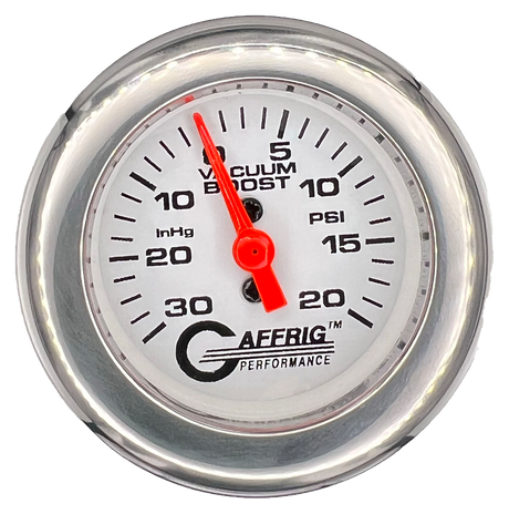 GAFFRIG 2 INCH MECHANICAL VACUUM 0-30HG/BOOST 0-30PSI GAUGE FAT RIM (218) / CHROME/POLISHED / WHITE