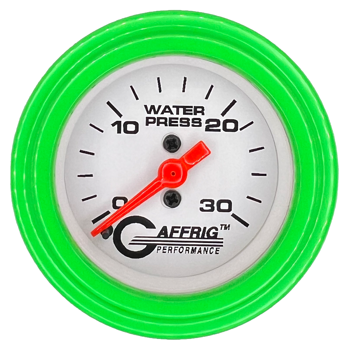 GAFFRIG 2 INCH MECHANICAL WATER PRESSURE 0-30 PSI GAUGE STEP RIM (002) / LIME GREEN / WHITE