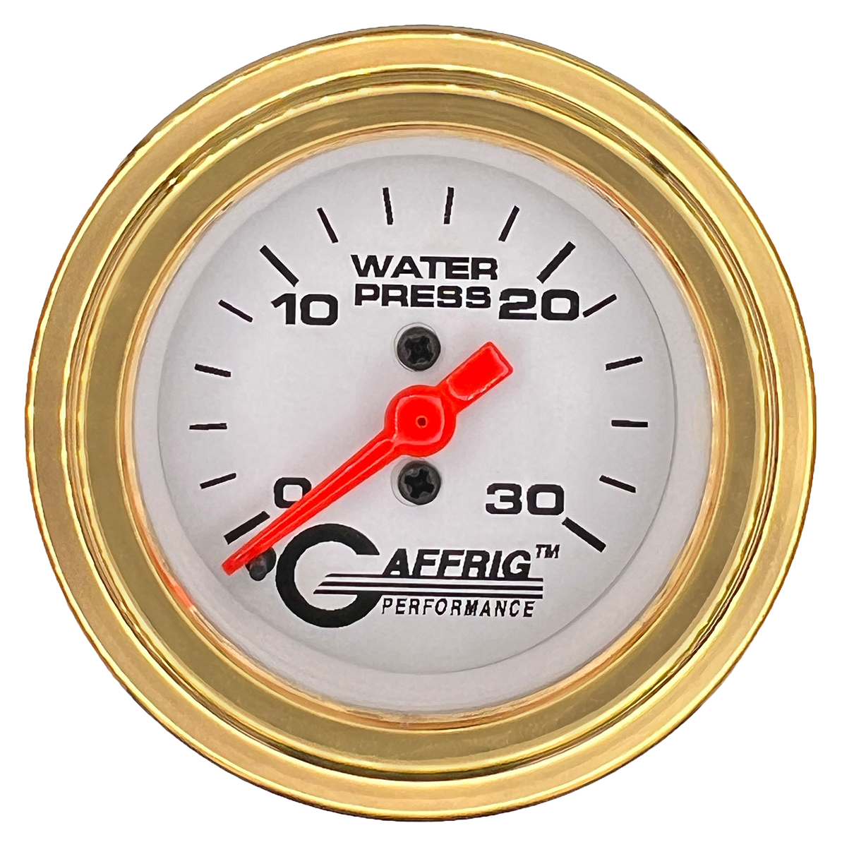 GAFFRIG 2 INCH MECHANICAL WATER PRESSURE 0-30 PSI GAUGE STEP RIM (002) / GOLD / WHITE