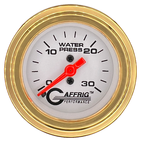 GAFFRIG 2 INCH MECHANICAL WATER PRESSURE 0-30 PSI GAUGE STEP RIM (002) / GOLD / WHITE