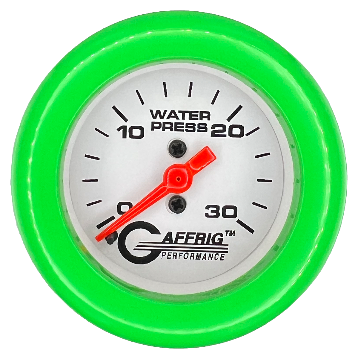 GAFFRIG 2 INCH MECHANICAL WATER PRESSURE 0-30 PSI GAUGE FAT RIM (218) / LIME GREEN / WHITE