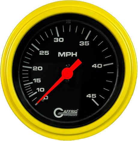 GAFFRIG 3 3/8 INCH MECHANICAL DRY SPEEDOMETER 45 MPH - HEAD ONLY STEP RIM (008) / YELLOW / BLACK