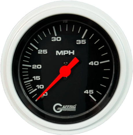 GAFFRIG 3 3/8 INCH MECHANICAL DRY SPEEDOMETER 45 MPH - HEAD ONLY STEP RIM (008) / WHITE / BLACK