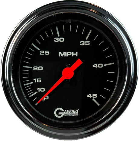 GAFFRIG 3 3/8 INCH MECHANICAL DRY SPEEDOMETER 45 MPH - HEAD ONLY STEP RIM (008) / POLISHED/CHROME / BLACK